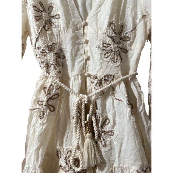 Camellia Embroidered 3D Floral Cottage Mini Dress Women Medium Cream Puff Sleeve - Picture 9 of 16